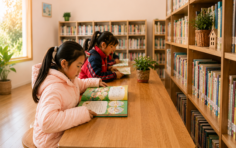 Children reading books in a library
